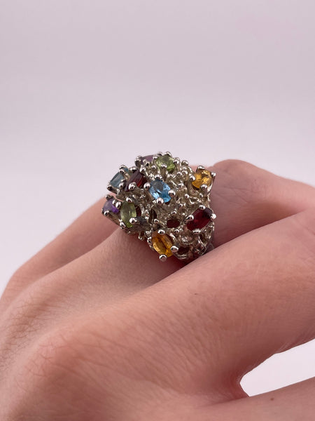 size 6.5 sterling silver brutalist faceted multi-gemstone ring