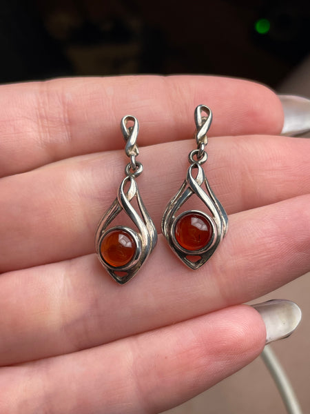 sterling silver amber post dangle earrings