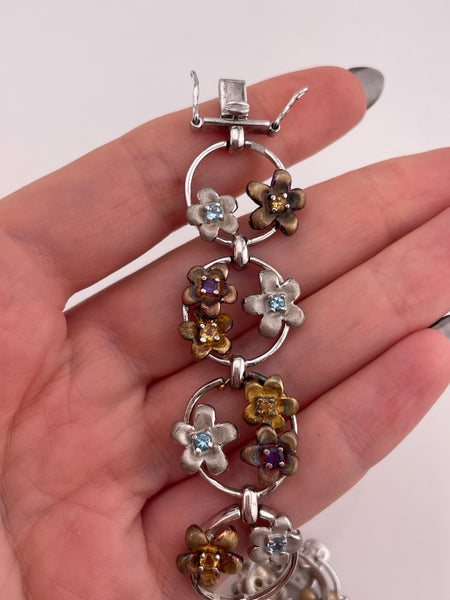 sterling silver & gold plated mult-gemstone flower link bracelet