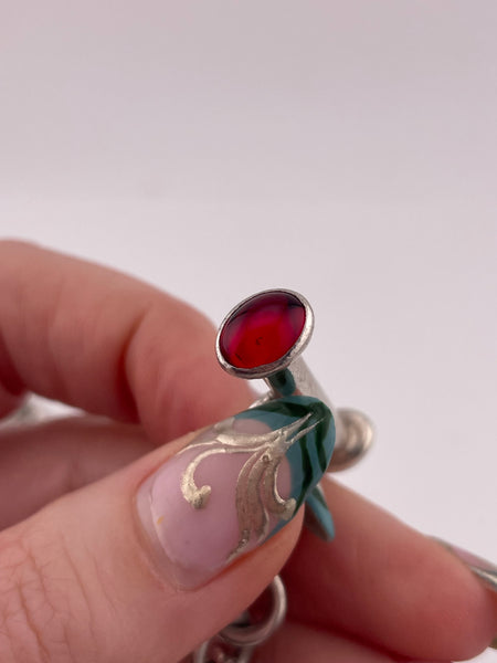 sterling silver heavy 76 grams red glass t-bar toggle clasp necklace