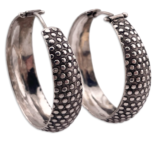 sterling silver 1 1/2" polka dot textured hoop earrings