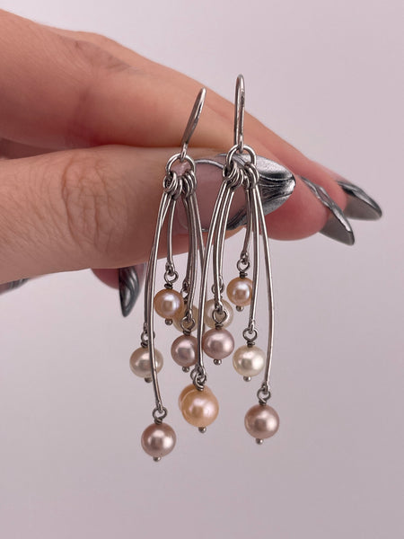 sterling silver 2-1/4" faux pearl hook dangle earrings