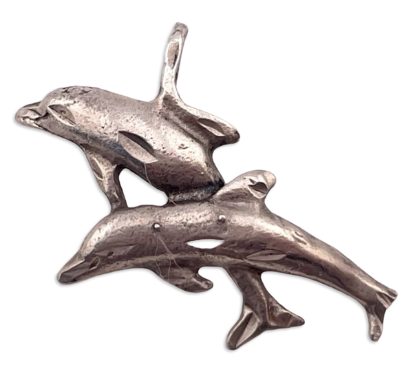 sterling silver etched double dolphin pendant