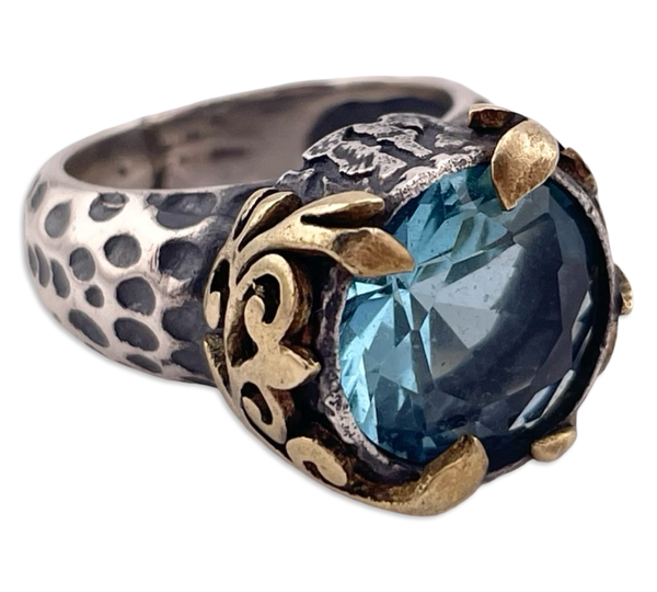 size 6.5 sterling silver & brass Bora faceted blue glass textured ring