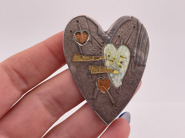 sterling silver 22k gold copper shibuichi artisan heart amulet brooch pin