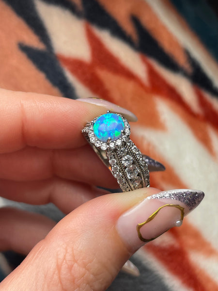 size 6 sterling silver lab opal rhinestone ring