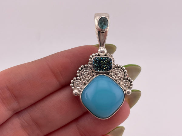 sterling silver designer Sajen turquoise, druzy, & faceted topaz pendant