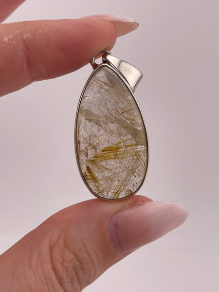sterling silver golden rod rutilated quartz teardrop pendant
