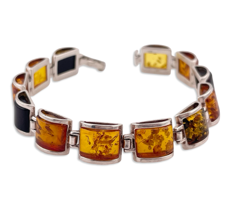 sterling silver multi-colored amber link bracelet