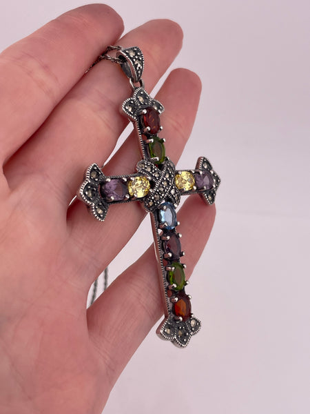sterling silver large colorful multi-glass marcasite cross pendant necklace