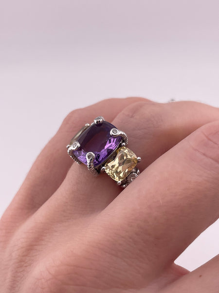 size 7 sterling silver Judith Ripka rhodium plated amethyst lab diamond yellow stone ring