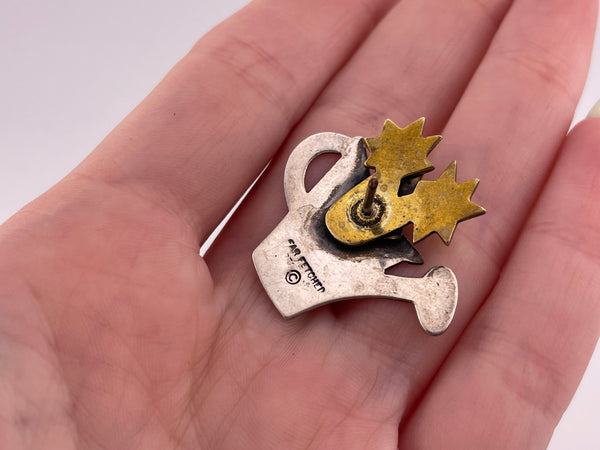 sterling silver & brass watering can flowers pin