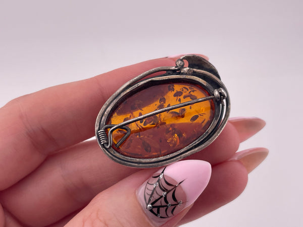 sterling silver oval amber leaf brooch pin