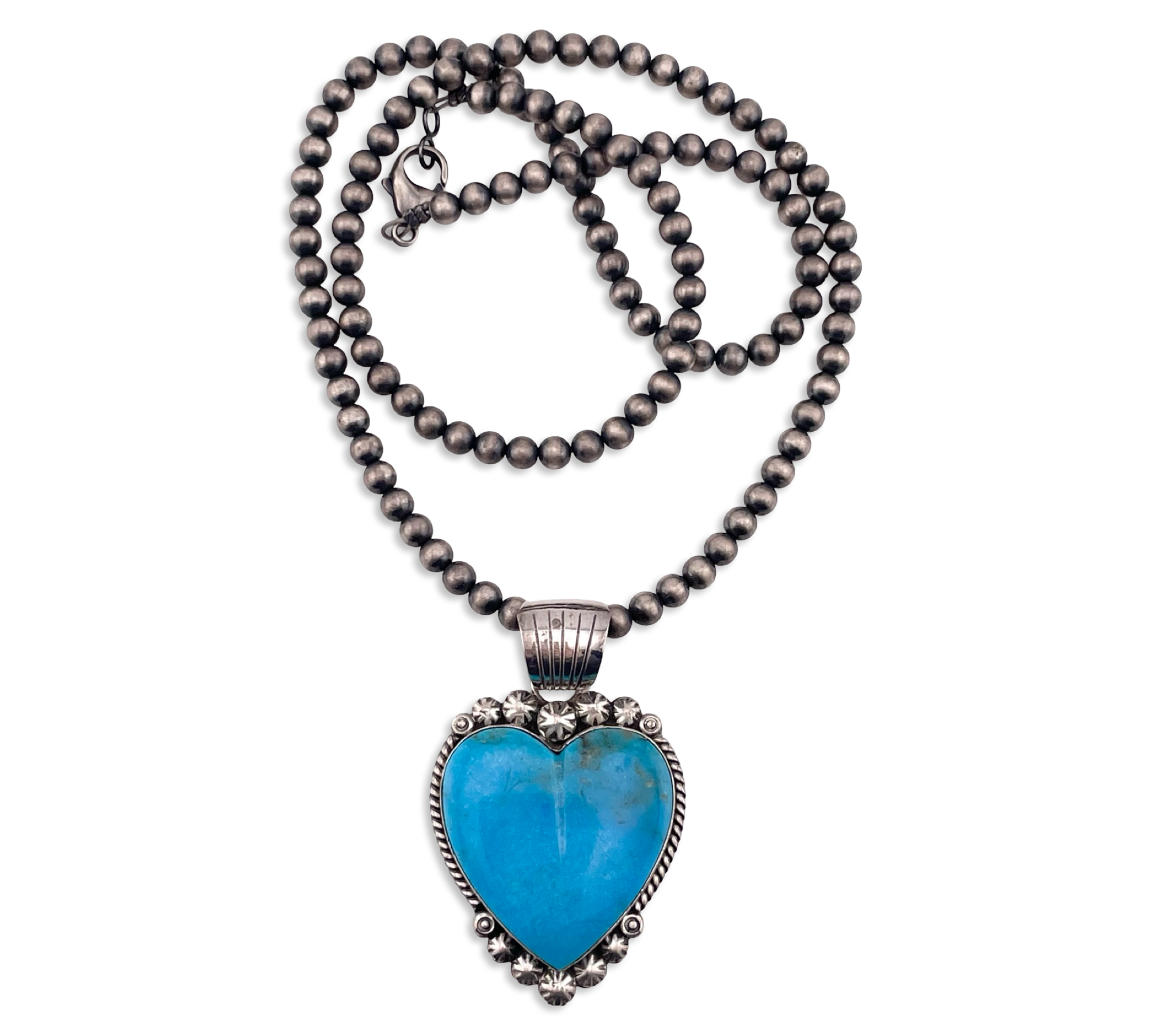 sterling silver 24" Alfred Martinez carved turquoise heart pendant pearl strand necklace