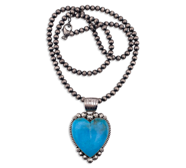sterling silver 24" Alfred Martinez carved turquoise heart pendant pearl strand necklace