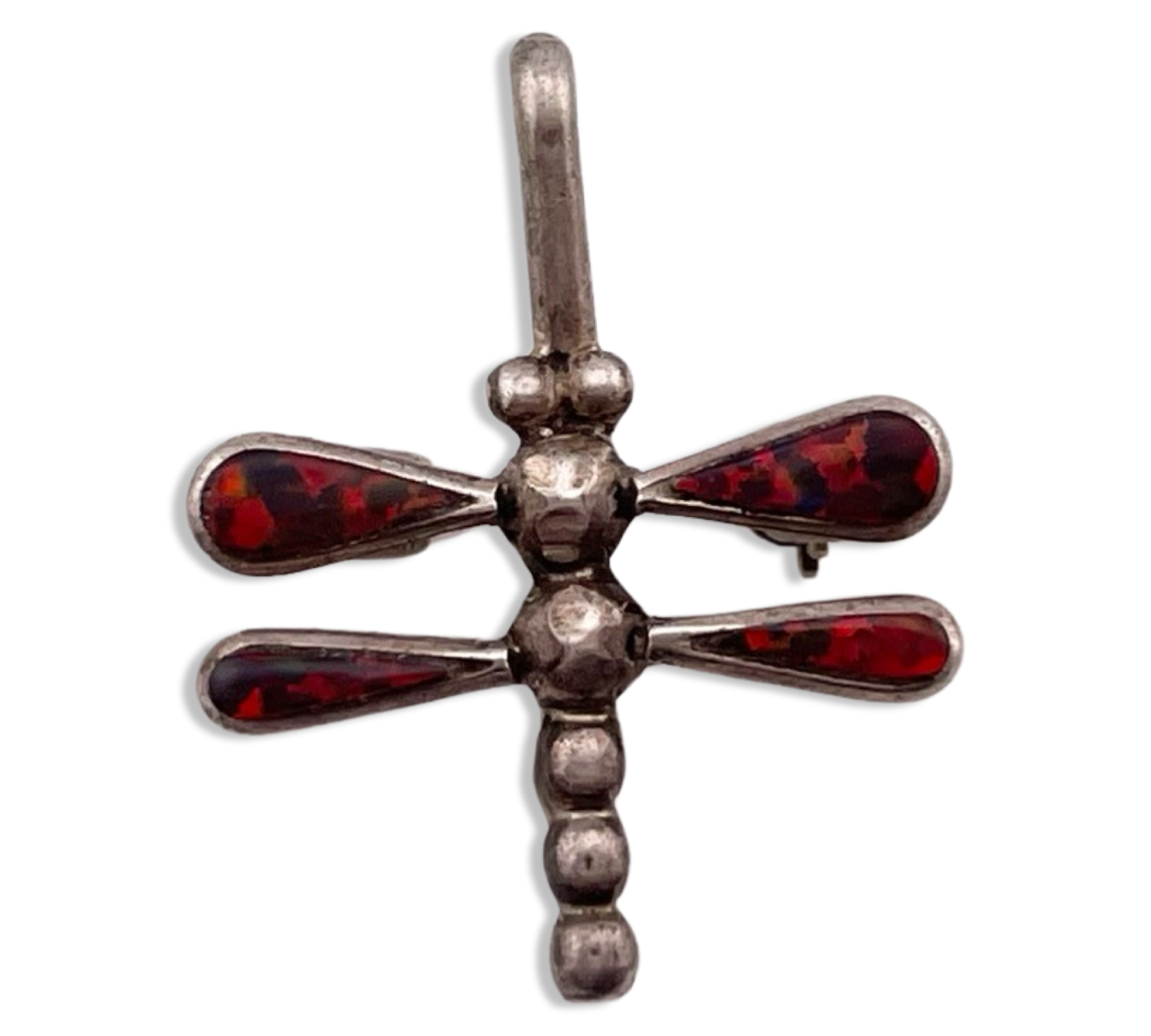 sterling silver synthetic opal dragonfly brooch / pendant
