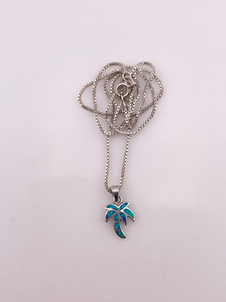 sterling silver 18-1/4" opal simulant palm tree necklace