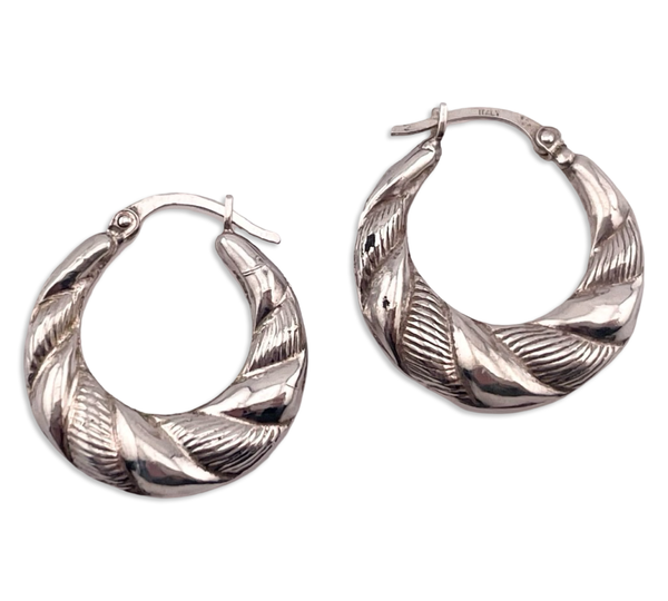rhodium plated sterling silver textured lined puffy hoop earrings