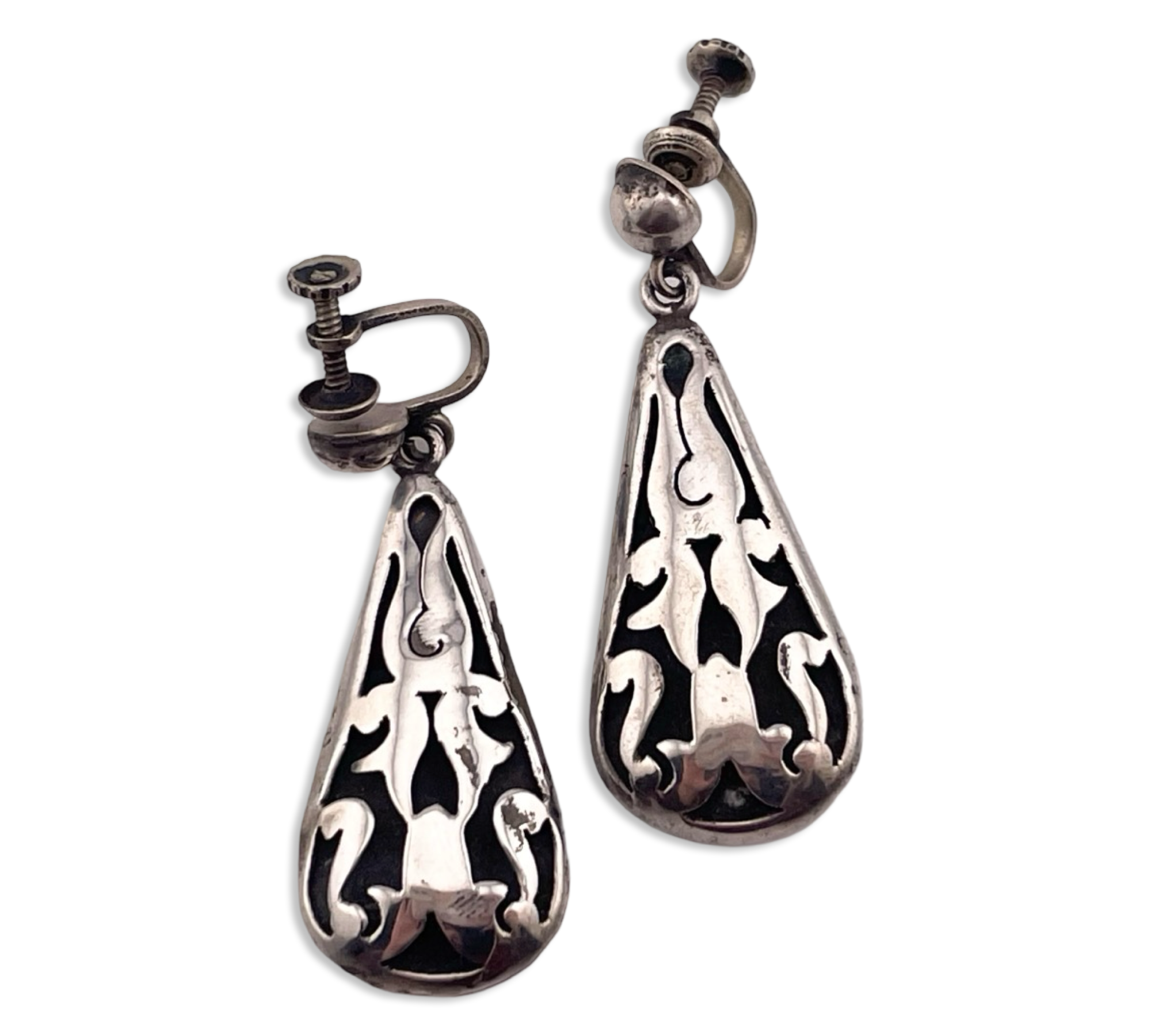 sterling silver Mexican cut-out stoneless screw-back dangle earrings