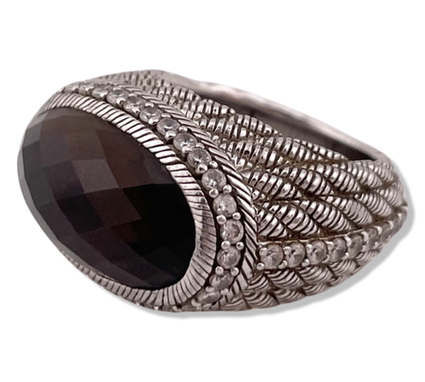 size 5 sterling silver designer Judith Ripka heavy chunky faceted smokey quartz rhinestone ring