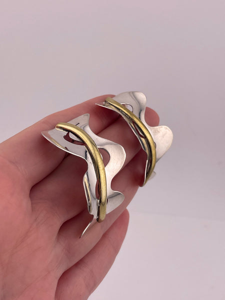 sterling silver & brass Mexican curved wavy squiggle cut-out stoneless post earrings