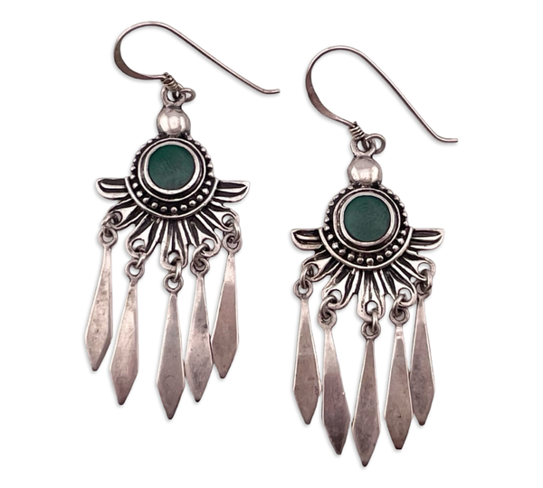 sterling silver green stone tassel hook dangle earrings
