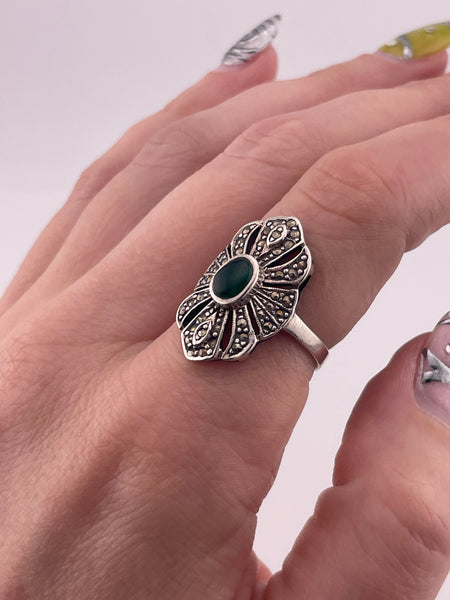 size 7.25 sterling silver green onyx marcasite ring