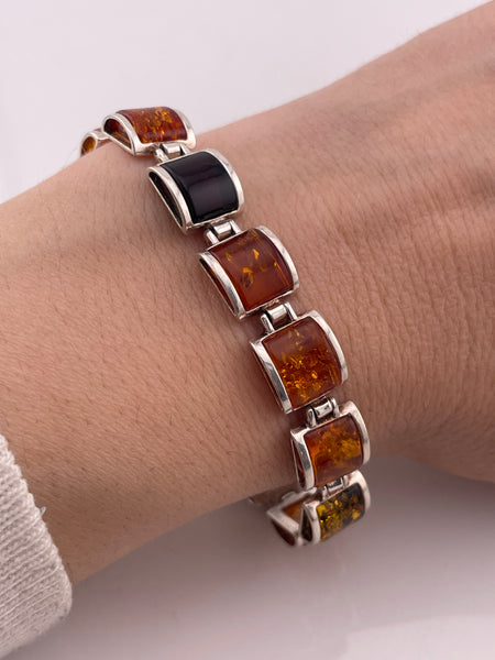 sterling silver multi-colored amber link bracelet