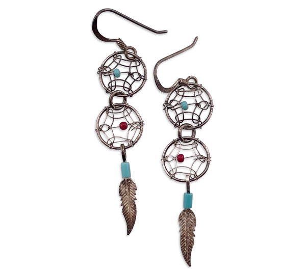 sterling silver synthetic turquoise coral dream catcher hook dangle earrings