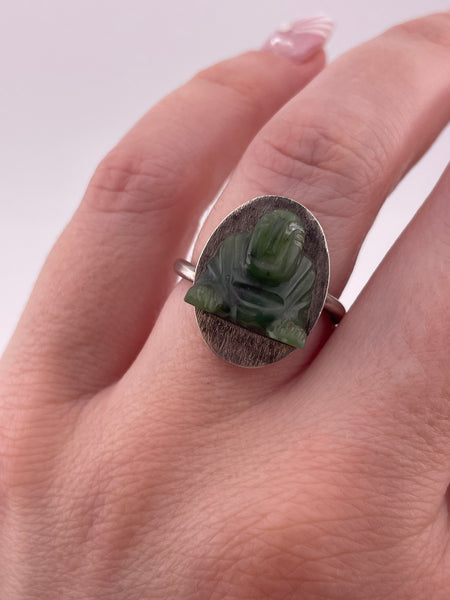 size 7.5 adjustable band sterling silver carved jade Buddha ring