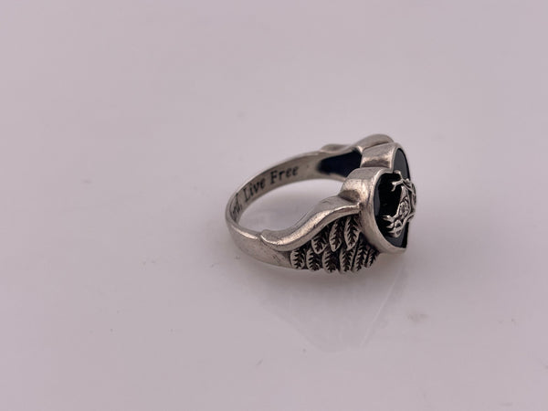 size 6.25 sterling silver black resin heart motorcycle wings ring