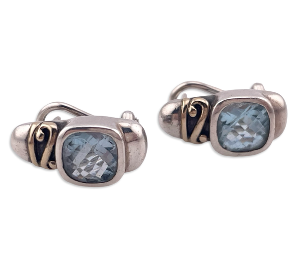 sterling silver & 14k gold faceted blue topaz omega back post earrings