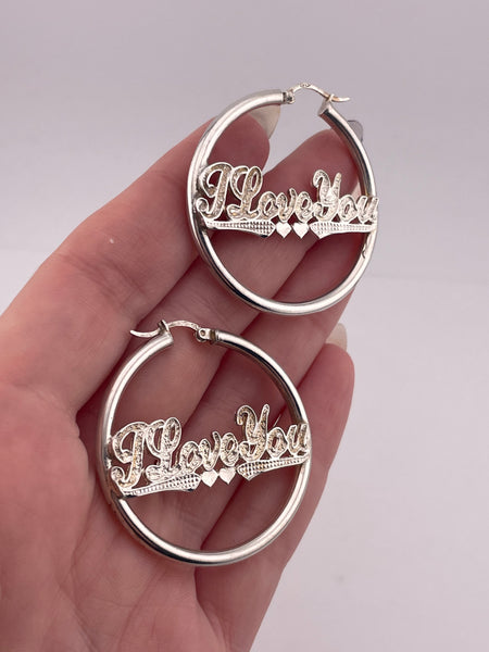 sterling silver "I Love You" hoop earrings