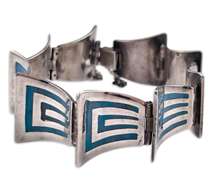 sterling silver 7" block turquoise artisan unique shape panel link bracelet