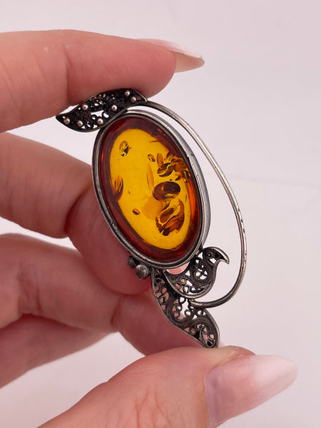sterling silver amber filigree pendant
