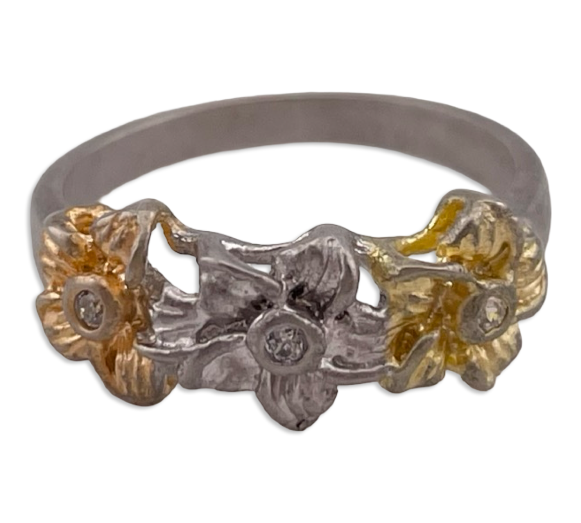 size 5 sterling silver & gold plated rhinestone flower matte finish ring