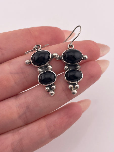 sterling silver black glass hook dangle earrings