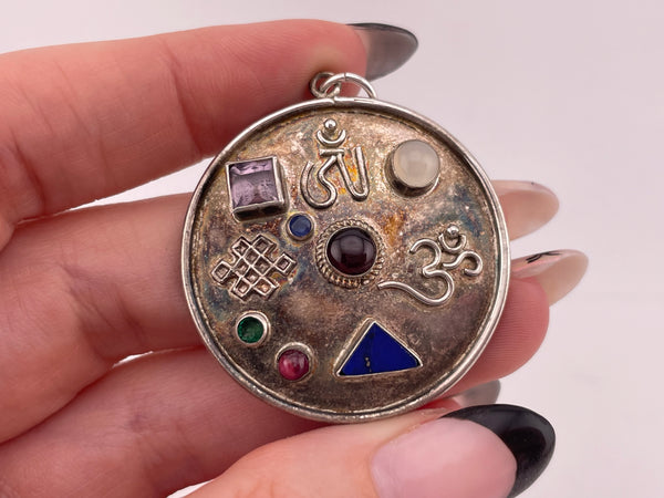 sterling silver round multi-stone om pendant