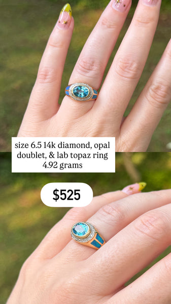 RESERVED PRIVATE LISTING -- 14k lab topaz, opal, & diamond ring