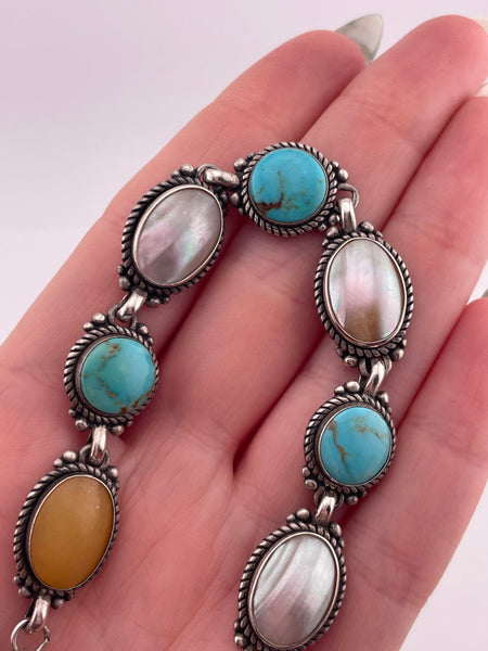 sterling silver 7-1/2" mother of pearl shell stabilized turquoise bracelet