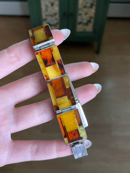 sterling silver multi-amber inlay rectangle panel link bracelet