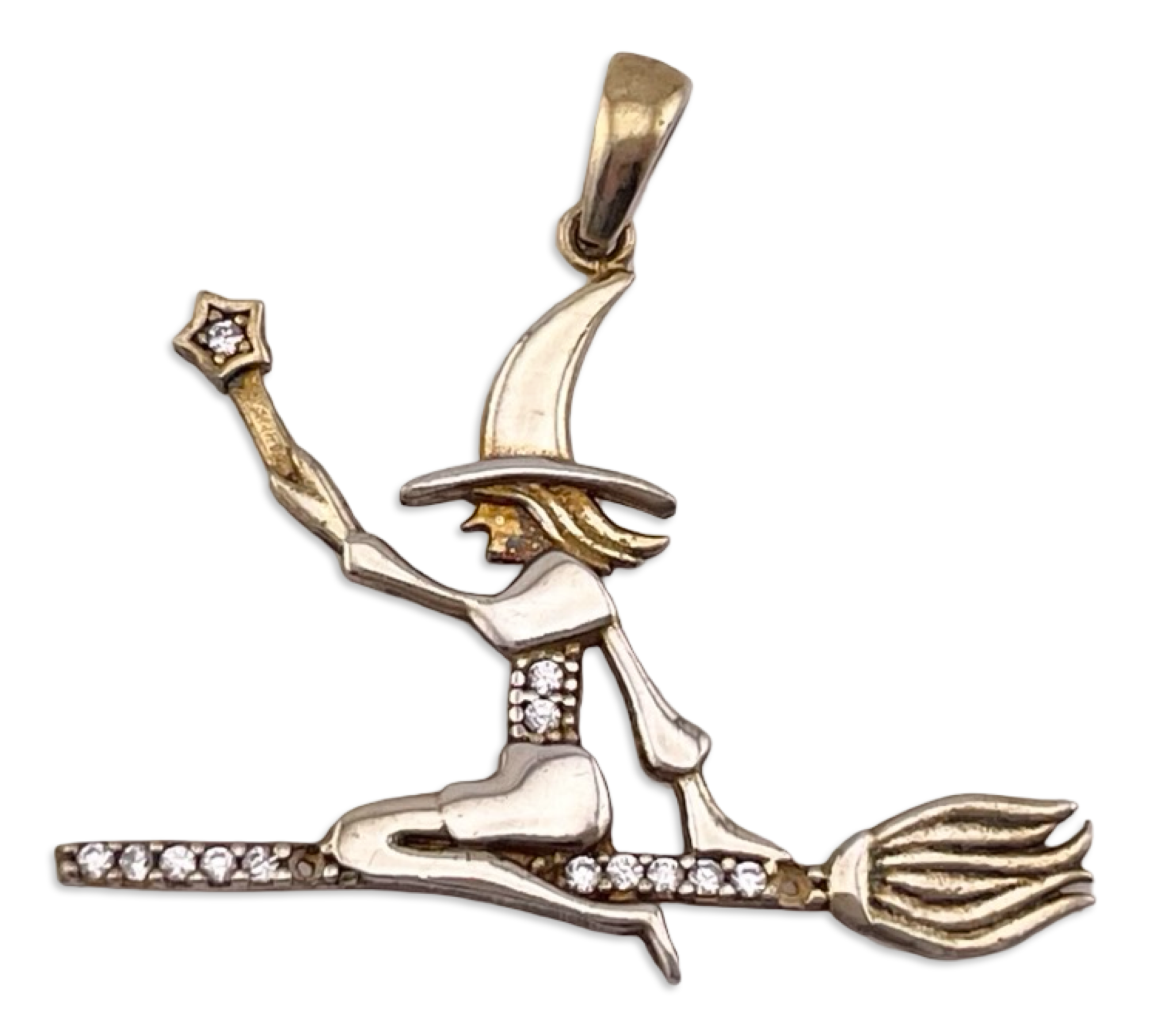 sterling silver gold wash witch rhinestone pendant ***AS IS***