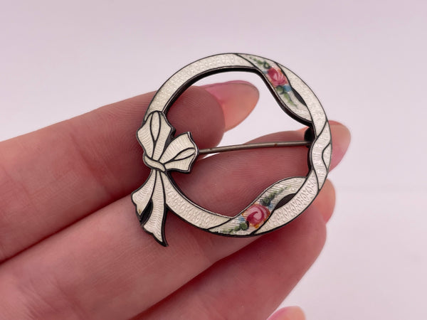 sterling silver painted flower enamel bow-tie round brooch pin ***AS IS***