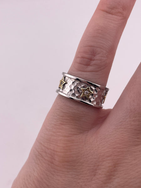 size 5 sterling silver & gold plated hammered star rhinestone band ring