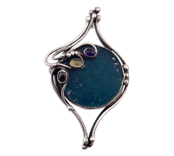 sterling silver Roman glass & multi-stone brooch / pendant