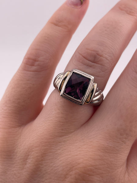 size 6.75 sterling silver & gold wash detailing faceted purple glass rectangle ring