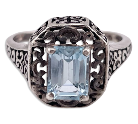 size 9 sterling silver faceted blue topaz cut-out ring