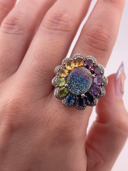 size 9.25 sterling silver faced multi-gemstone druzy doublet heart design ring