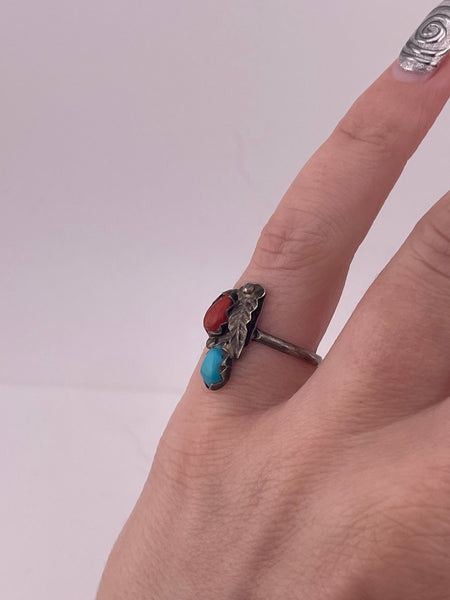 size 6 sterling silver turquoise & coral leaf ring