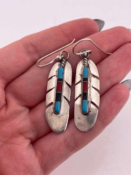 sterling silver turquoise onyx coral feather hook dangle earrings